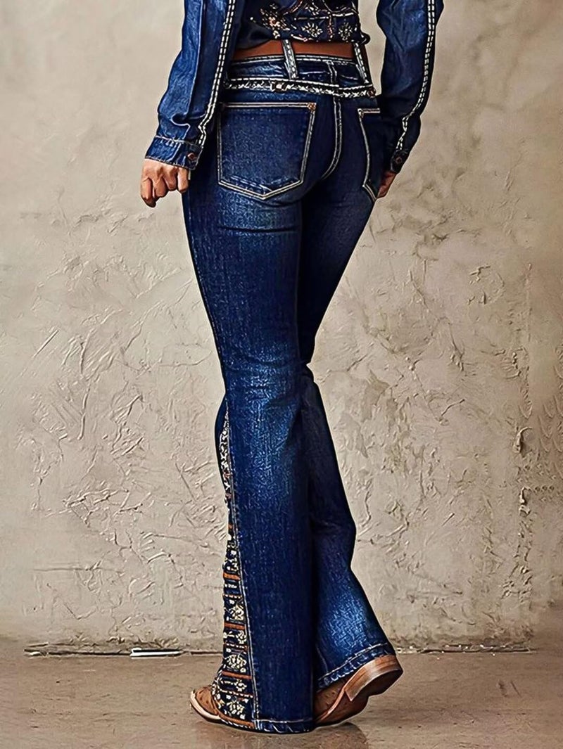 Flamingals Women's Floral Embroidery Mid Waist High Stretch Bootcut Jeans with Pockets Denim Deep Blue M - Image 3