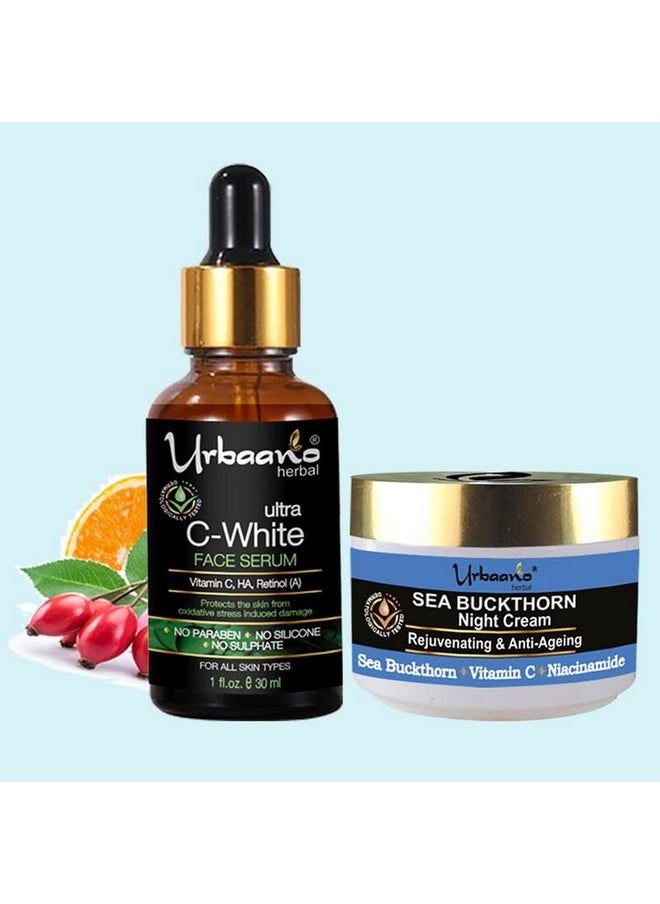 Urbaano herbal Sea Buckthorn Night Cream And 20% Vitamin C Face Serum With Niacinamide, Hyaluronic Acid (50Gm+30Ml) -Combo Pack  - Image 1