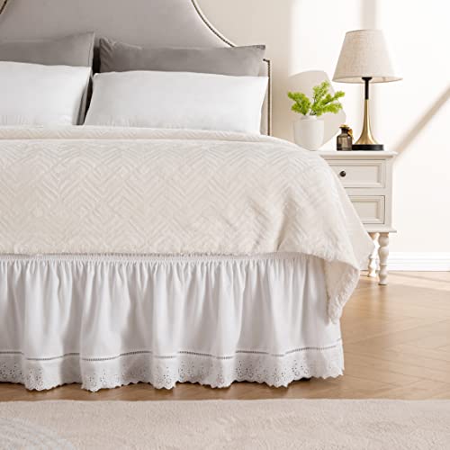 MIYE Wrap Around Ruffled Lace Bed Skirt, Elastic Dust Ruffle with Adjustable Belts,15 Inch Drop Easy to Put On, Bed Frame Cover, Machine Washable (Embroidered, King/Queen-15) - Image 1