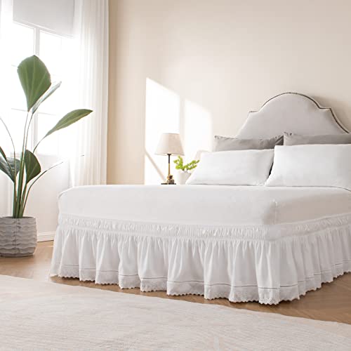 MIYE Wrap Around Ruffled Lace Bed Skirt, Elastic Dust Ruffle with Adjustable Belts,15 Inch Drop Easy to Put On, Bed Frame Cover, Machine Washable (Embroidered, King/Queen-15) - Image 2