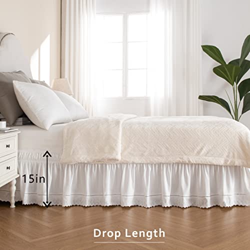 MIYE Wrap Around Ruffled Lace Bed Skirt, Elastic Dust Ruffle with Adjustable Belts,15 Inch Drop Easy to Put On, Bed Frame Cover, Machine Washable (Embroidered, King/Queen-15) - Image 4