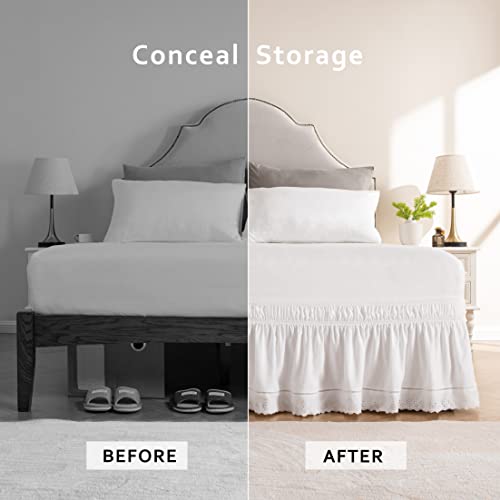 MIYE Wrap Around Ruffled Lace Bed Skirt, Elastic Dust Ruffle with Adjustable Belts,15 Inch Drop Easy to Put On, Bed Frame Cover, Machine Washable (Embroidered, King/Queen-15) - Image 3