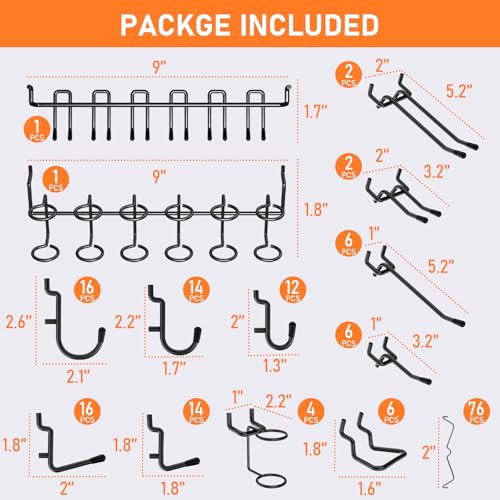 INCLY 176PCS Extra Thick Pegboard Hooks, 1/4" Heavy Duty Black Metal Peg Board Hooks Assortment with Peg Locks Pegboard Accessories Kit for Garage Wall Organizer Hanging Tools - Image 4