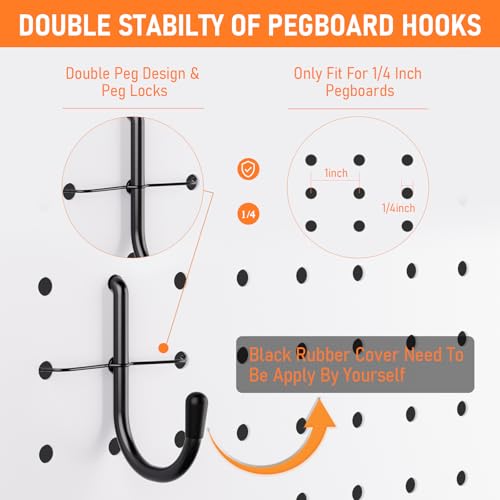 INCLY 176PCS Extra Thick Pegboard Hooks, 1/4" Heavy Duty Black Metal Peg Board Hooks Assortment with Peg Locks Pegboard Accessories Kit for Garage Wall Organizer Hanging Tools - Image 5