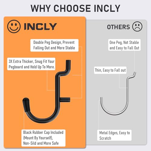 INCLY 176PCS Extra Thick Pegboard Hooks, 1/4" Heavy Duty Black Metal Peg Board Hooks Assortment with Peg Locks Pegboard Accessories Kit for Garage Wall Organizer Hanging Tools - Image 2