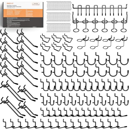 INCLY 176PCS Extra Thick Pegboard Hooks, 1/4" Heavy Duty Black Metal Peg Board Hooks Assortment with Peg Locks Pegboard Accessories Kit for Garage Wall Organizer Hanging Tools - Image 1
