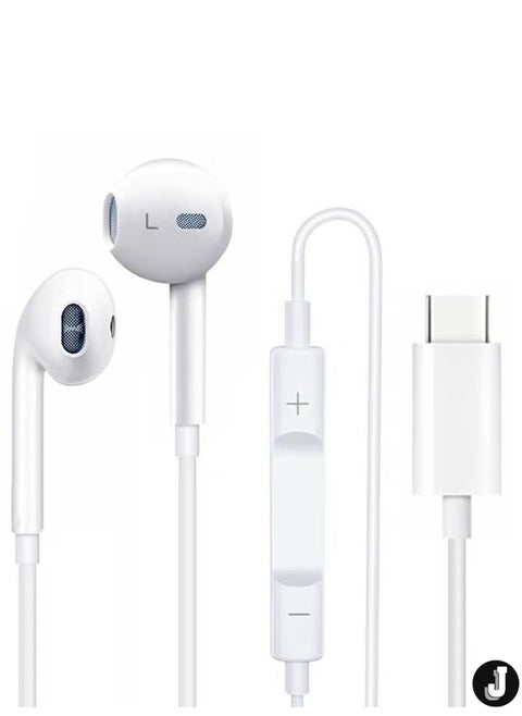 "Type-C Wired Headphones for iPhone – In-Ear Earbuds with Built-in Microphone & Volume Control, White"
