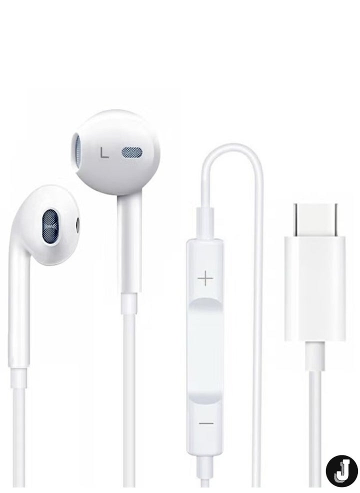 "Type-C Wired Headphones for iPhone – In-Ear Earbuds with Built-in Microphone & Volume Control, White"