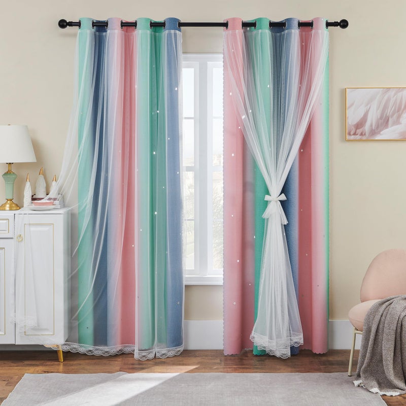XiDi Pink Grey Green Girls Curtains for Bedroom Rainbow Blackout Curtains for Kitchen Cafe Window Room Darkening Kids Childs Nurser Room Wall Decor Grommet 63 Inches Long 34 inches Wide 2 Panels Set - Image 2