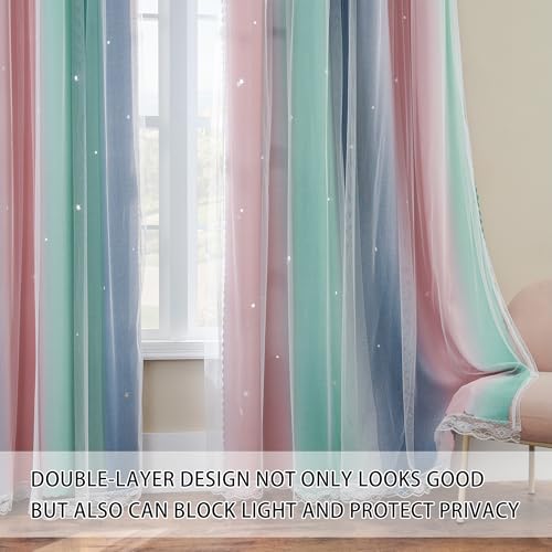 XiDi Pink Grey Green Girls Curtains for Bedroom Rainbow Blackout Curtains for Kitchen Cafe Window Room Darkening Kids Childs Nurser Room Wall Decor Grommet 63 Inches Long 34 inches Wide 2 Panels Set - Image 3