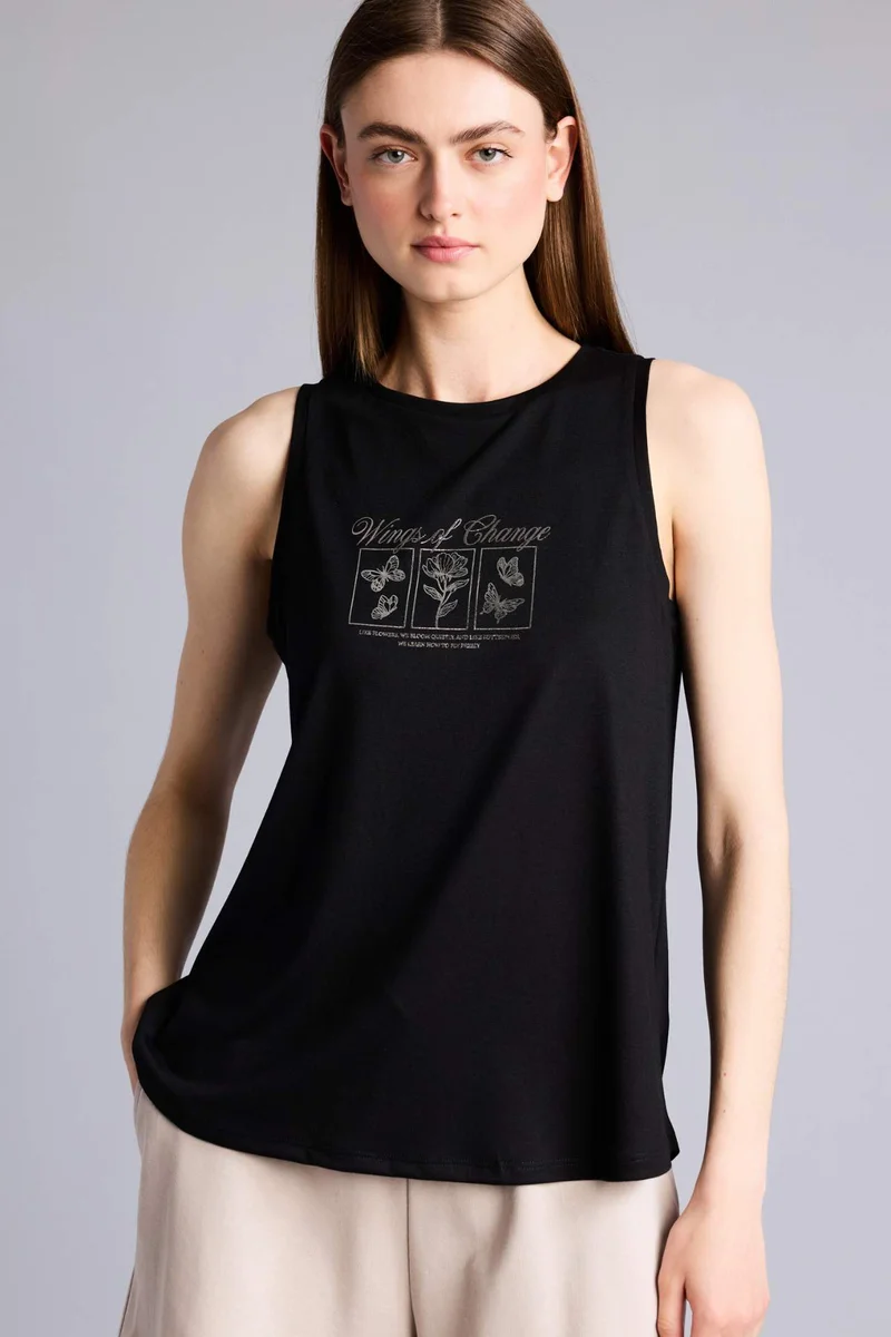 ديفاكتو Relax Fit Slogan Crew Neck Strappy Tank Top