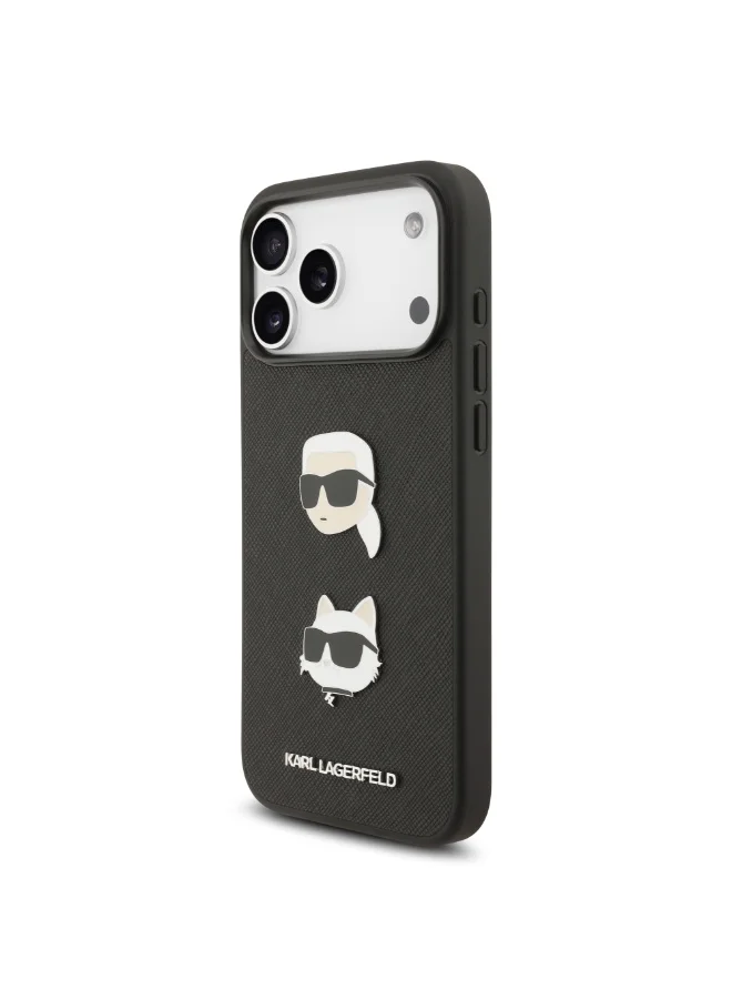 Karl Lagerfeld Saffiano PU Hard Case for iPhone 18 Pro with Karl & Choupette Head Pins and Embossed Logo