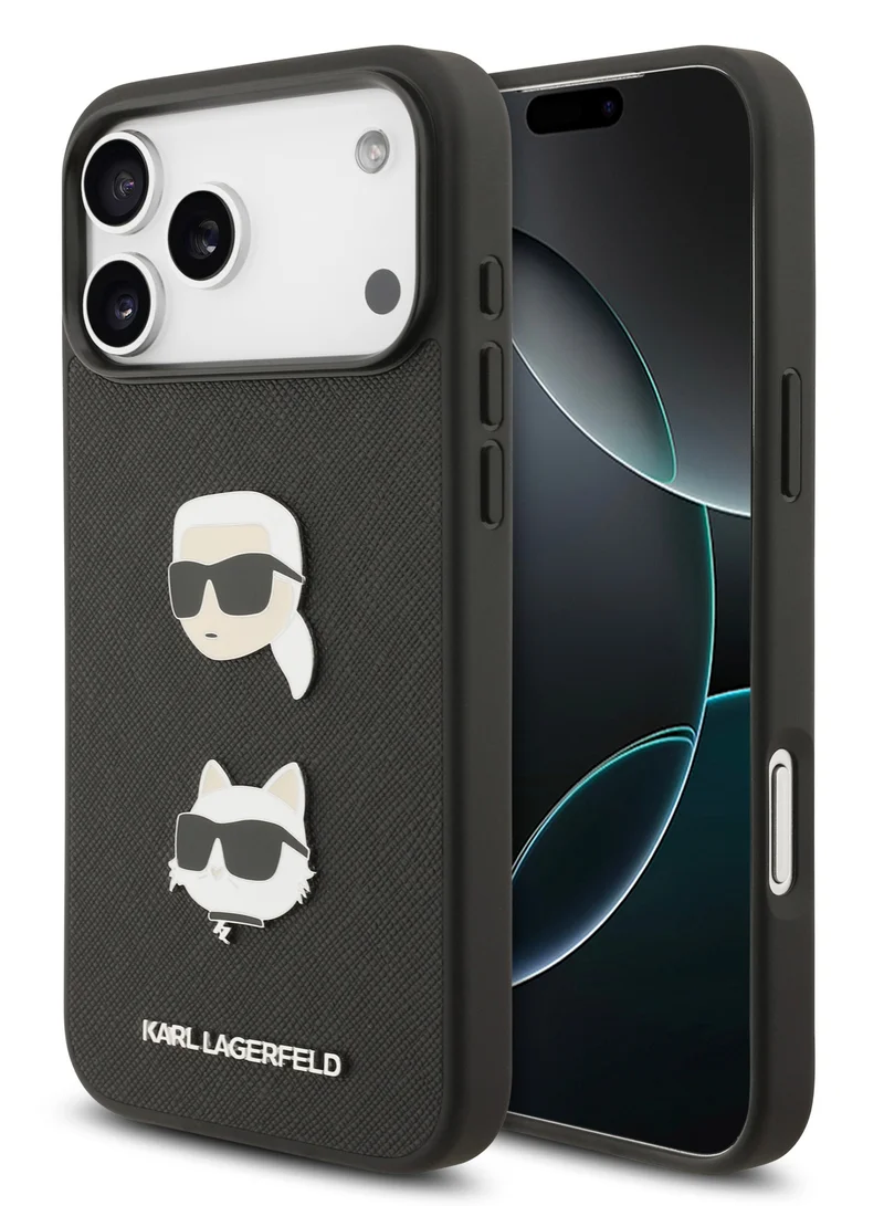 Karl Lagerfeld Saffiano PU Hard Case for iPhone 18 Pro with Karl & Choupette Head Pins and Embossed Logo
