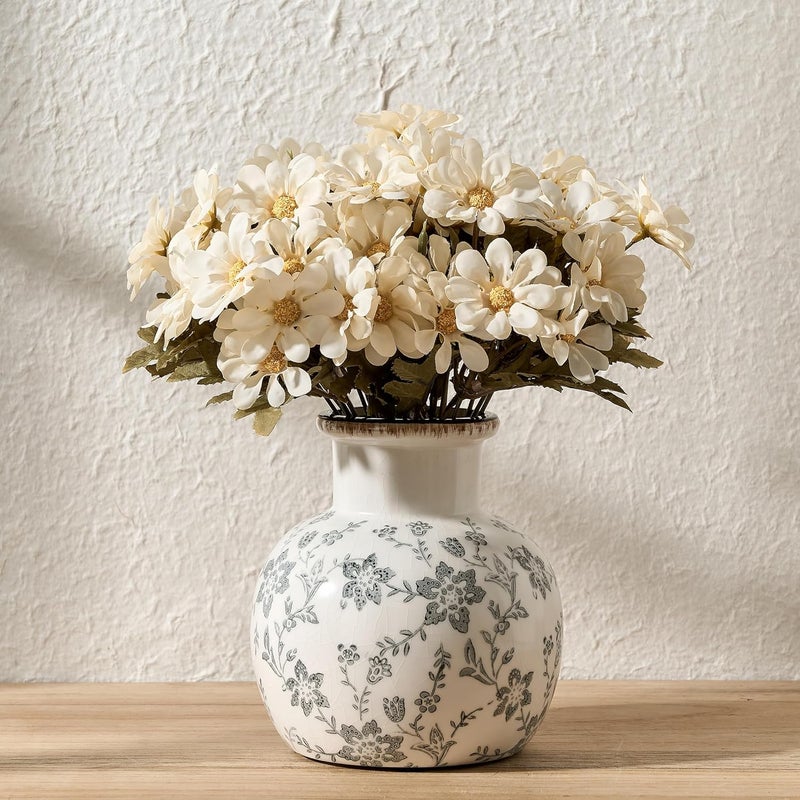 SIDUCAL Ceramic Vintage Vase, 5.91 Inch Retro Ice Cracked Chinoiserie Floral Vase, Rustic Farmhouse Vases for Home Decor, Bookshelf, Garden, Chinoiserie Decor, Tuscan Decor, Gray Floral Pattern - Image 1