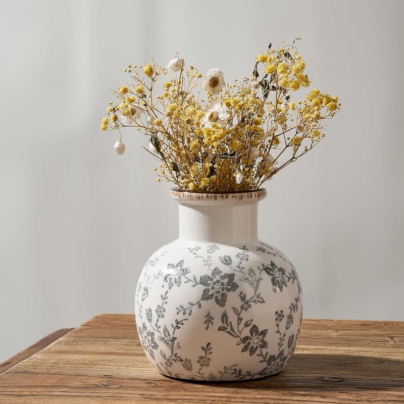 SIDUCAL Ceramic Vintage Vase, 5.91 Inch Retro Ice Cracked Chinoiserie Floral Vase, Rustic Farmhouse Vases for Home Decor, Bookshelf, Garden, Chinoiserie Decor, Tuscan Decor, Gray Floral Pattern - Image 4