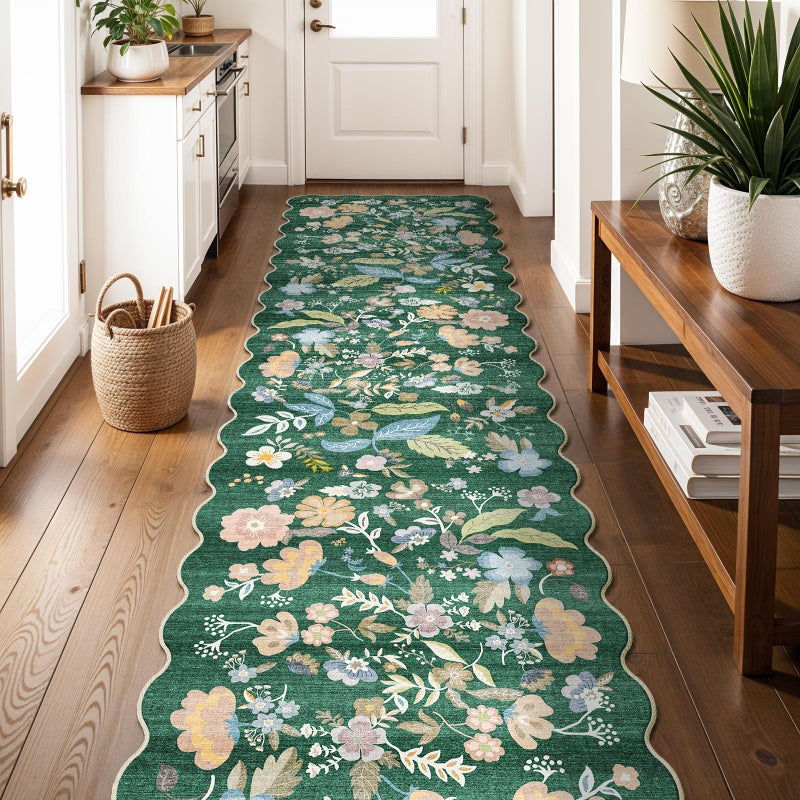 BYYVOO 3x12 Washable Hallway Runner Rug: Non Slip Floral Scalloped Runner Rugs for Kitchen 12ft Long Floor Mat for Indoor Entryway Boho Carpet Runner for Living Room Bedroom (Green, 3x12) - Image 1
