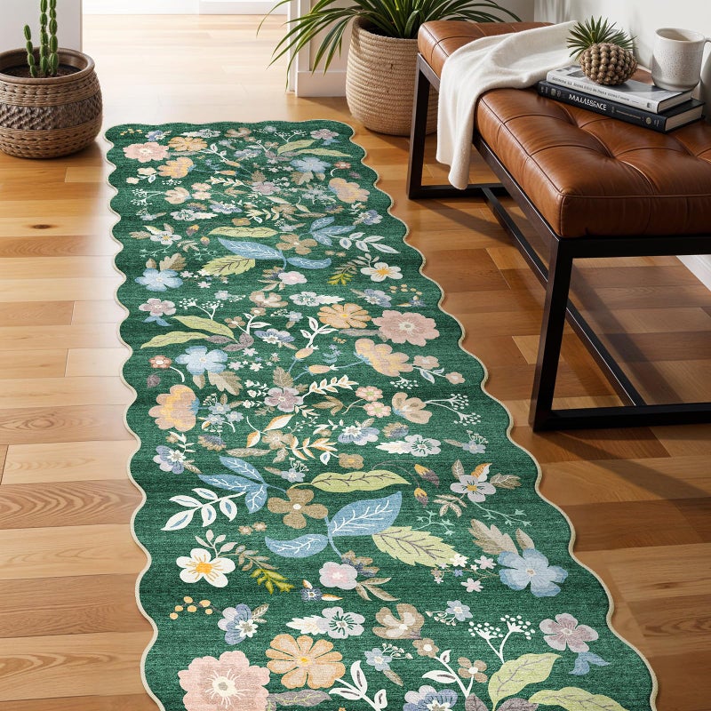 BYYVOO 3x12 Washable Hallway Runner Rug: Non Slip Floral Scalloped Runner Rugs for Kitchen 12ft Long Floor Mat for Indoor Entryway Boho Carpet Runner for Living Room Bedroom (Green, 3x12) - Image 2