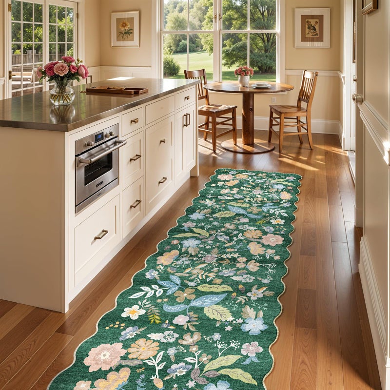 BYYVOO 3x12 Washable Hallway Runner Rug: Non Slip Floral Scalloped Runner Rugs for Kitchen 12ft Long Floor Mat for Indoor Entryway Boho Carpet Runner for Living Room Bedroom (Green, 3x12) - Image 3
