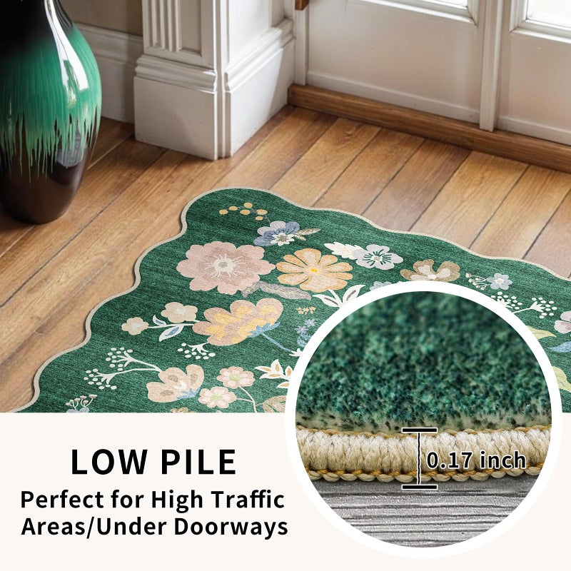 BYYVOO 3x12 Washable Hallway Runner Rug: Non Slip Floral Scalloped Runner Rugs for Kitchen 12ft Long Floor Mat for Indoor Entryway Boho Carpet Runner for Living Room Bedroom (Green, 3x12) - Image 4