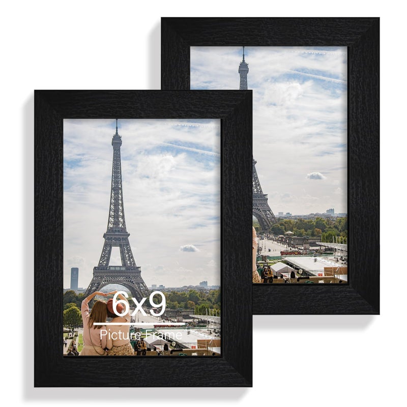 Hongkee مجموعة إطار صورة Hongkee 6x9 من 2 مصنوعة من زجاج حقيقي وإطار خشبي أسود ريفي - 6 × 9 صور للجدار أو عرض الطاولة - Image 1
