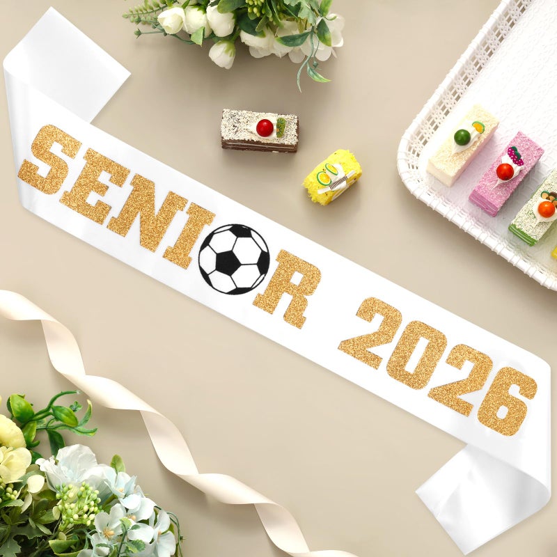 Serencatcher 6Pcs Senior Sash 2026 Soccer, Senior Sashes Class of 2026 Soccer Senior Night Party Decorations Graduation Senior Cheer Sashes Cheerleader Satin White Sash with Gold Glitter Letters - Image 2
