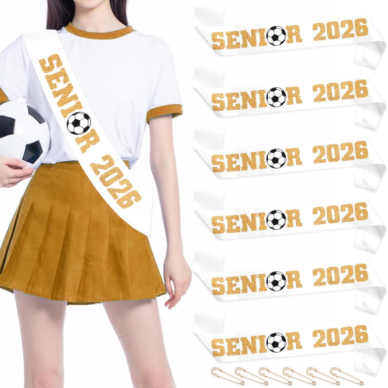 Serencatcher 6Pcs Senior Sash 2026 Soccer, Senior Sashes Class of 2026 Soccer Senior Night Party Decorations Graduation Senior Cheer Sashes Cheerleader Satin White Sash with Gold Glitter Letters - Image 1