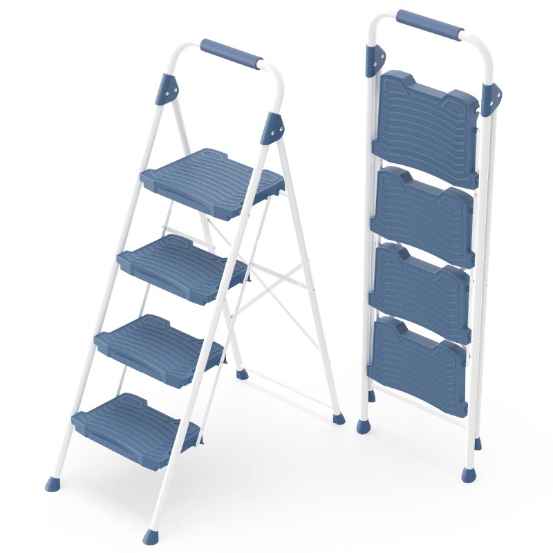 KINGRACK 4 Step Ladder Sturdy Step Stool with Handrail AntiSlip Wide Pedals Foldable Step Stool for Home Garage Garden Blue Safety Locking Pass 900LBS Testing
