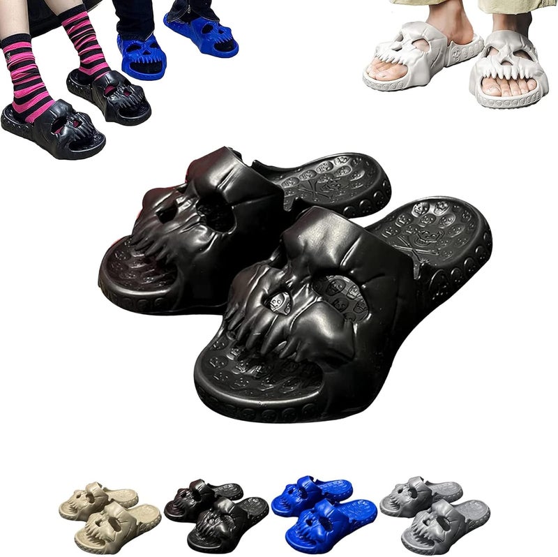 comfrt Skull Design Single Band Slides, 2023 New Skull Design Single Band Slides, Thick Bottom Couple Beach Sandals, Unique Non-Slip Slippers Cloud Slippers for Women and Men's (5-6, Black) - Image 1