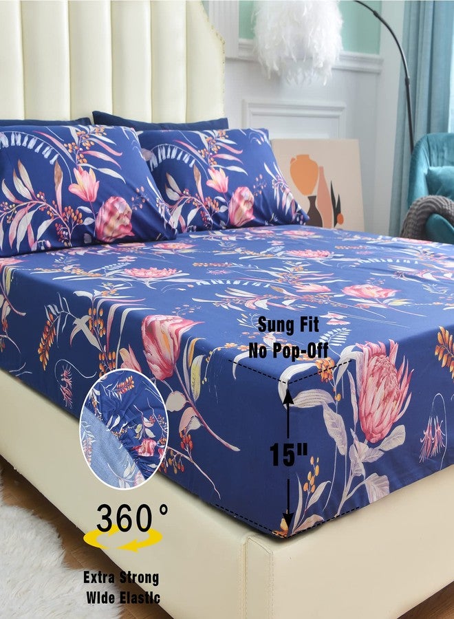 JSD Navy Floral Sheet Set Twin Size, 3 Piece Printed Microfiber Sheets Extra Deep Pocket Wrinkle Free - Image 3