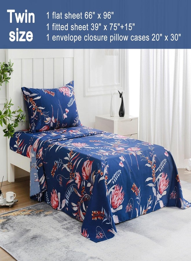 JSD Navy Floral Sheet Set Twin Size, 3 Piece Printed Microfiber Sheets Extra Deep Pocket Wrinkle Free - Image 2