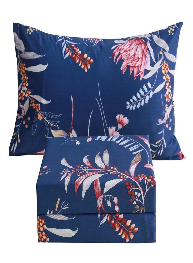 JSD Navy Floral Sheet Set Twin Size, 3 Piece Printed Microfiber Sheets Extra Deep Pocket Wrinkle Free - Image 1