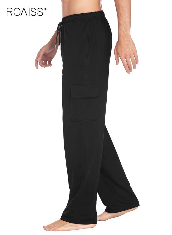 رويس بنطلون رياضي رجالي كارجو بقصة مستقيمة، بنطلون رياضي فضفاض لليوجا مع جيوب، بنطلون رياضي للجري واللياقة البدنية والتدريب النشط في الهواء الطلق، لون سادة - Image 4