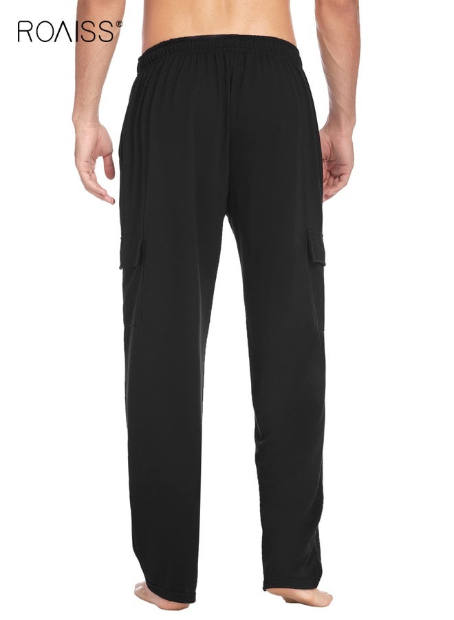 رويس بنطلون رياضي رجالي كارجو بقصة مستقيمة، بنطلون رياضي فضفاض لليوجا مع جيوب، بنطلون رياضي للجري واللياقة البدنية والتدريب النشط في الهواء الطلق، لون سادة - Image 2
