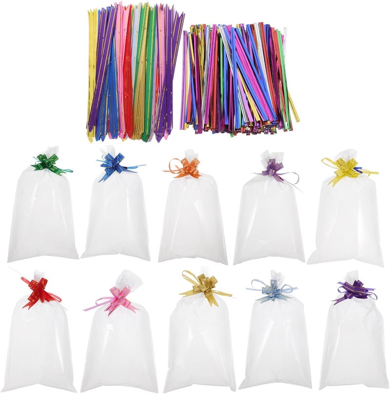 TIDTALEO Cellophane Party Favor Bags 400pcs, 15 X 25 Cm Large Treat Bags with Pull Bows and 10 Cm Metallic Twist Ties for Cookies, Candy, and Packaging - Image 1