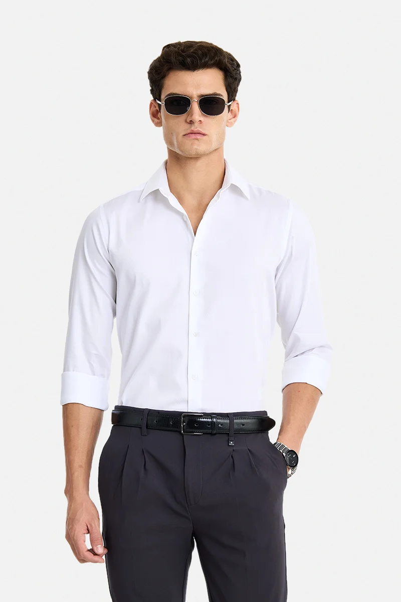 SNITCH White Geometric Long Sleeve Slim Fit Formal Shirt