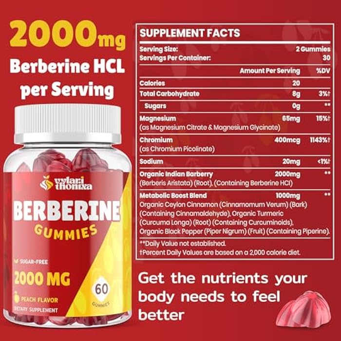 Vylarithonixa 2000mg Berberine Supplement Gummies – High Potency Wellness Blend with Ceylon Cinnamon, Turmeric, Magnesium & Chromium, Vegan, Non-GMO, Gluten-Free, Peach Flavor, 60 Gummies - 1 Pack - Image 3