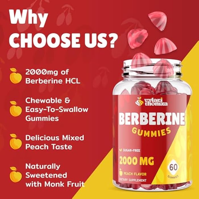 Vylarithonixa 2000mg Berberine Supplement Gummies – High Potency Wellness Blend with Ceylon Cinnamon, Turmeric, Magnesium & Chromium, Vegan, Non-GMO, Gluten-Free, Peach Flavor, 60 Gummies - 1 Pack - Image 2