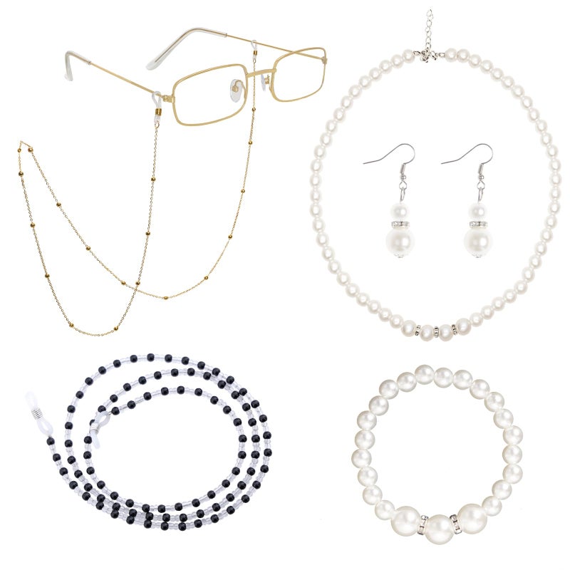 Gvhntk 5 Pcs Old Lady Costume Grandma Cosplay Set Glasses with Chain Pearl Bead Necklace Earrings Bracelet for Women Daily Cosplay Costume Party - Image 1