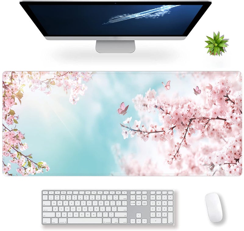 KOAIWPAE Extended Large Gaming Mouse Pad Dreamy Romantic Pink Sakura Butterflies XXL Size Keyboard Mouse Mat Desk Pad with Non Slip Rubber Base Stitched Edges Office Decor for Women Girls Men,35.4 x 15.7inch - Image 1
