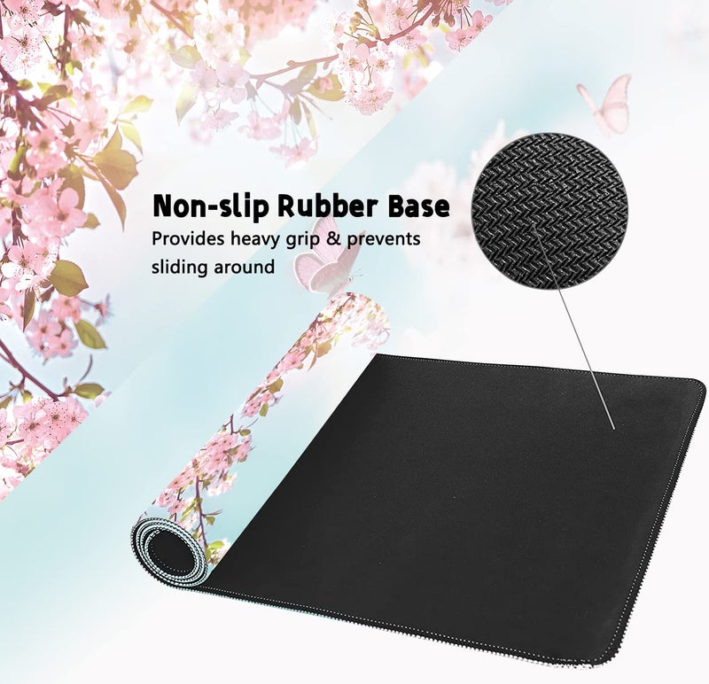 KOAIWPAE Extended Large Gaming Mouse Pad Dreamy Romantic Pink Sakura Butterflies XXL Size Keyboard Mouse Mat Desk Pad with Non Slip Rubber Base Stitched Edges Office Decor for Women Girls Men,35.4 x 15.7inch - Image 3