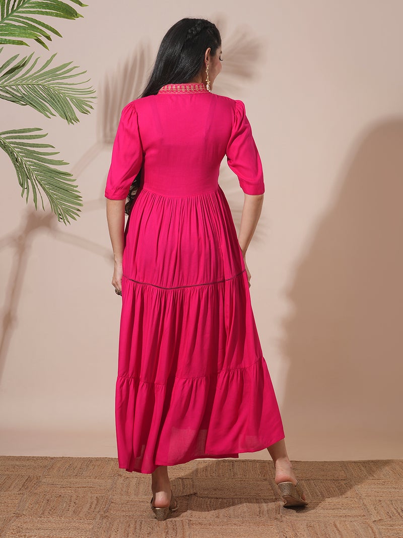 globus Globus Women Embroidered V-Neck Puff Sleeves Gathered & Tiered A-Line Midi Festive Dress  - Image 3