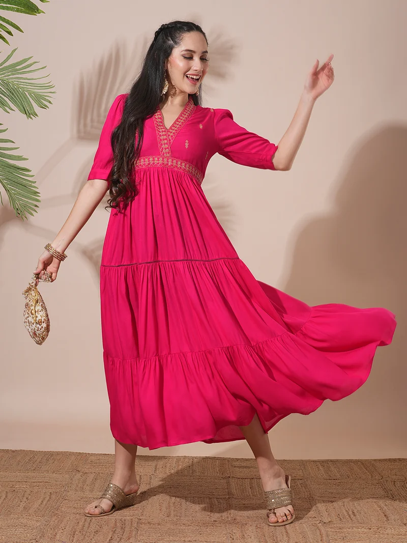 globus Globus Women Embroidered V-Neck Puff Sleeves Gathered & Tiered A-Line Midi Festive Dress