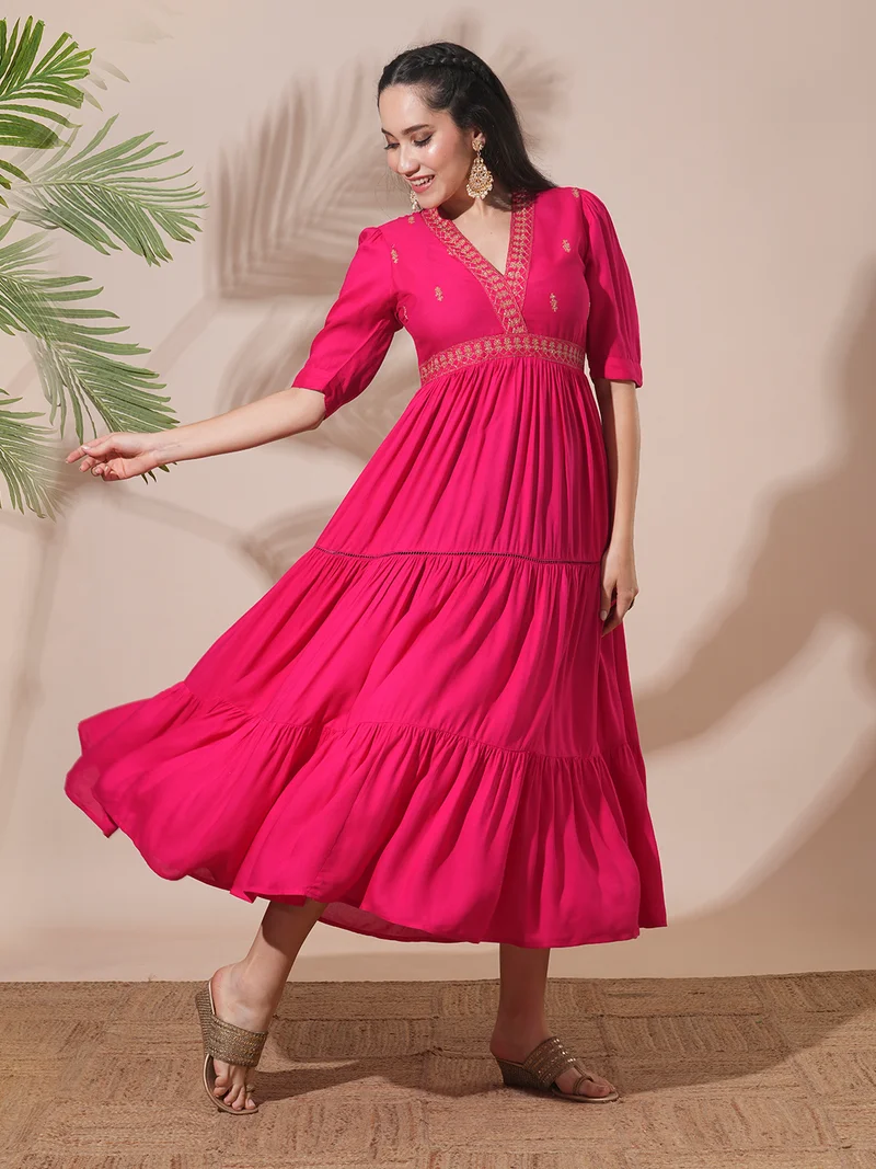 globus Globus Women Embroidered V-Neck Puff Sleeves Gathered & Tiered A-Line Midi Festive Dress