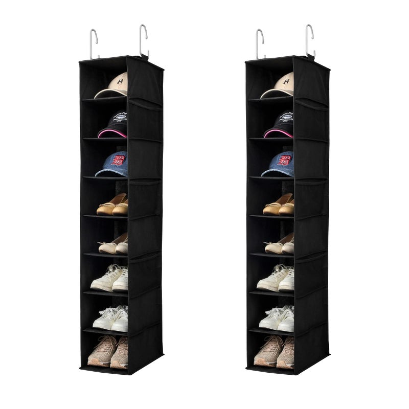 Berdeng Hanging Shoe Organizer for Closet with Side Mesh PocketsHat Racks for Baseball CapsShoe and Hat Holder  Storage8ShelfBlack2 pack