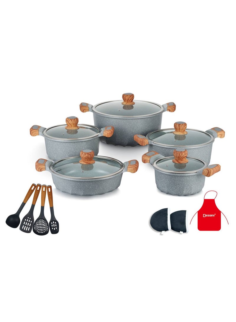 DESSINI 17-Piece Non Stick Granite Cookware Set 20/24/28/32Cm Casserole, 28Cm Shallow Casserole- PFOA Free 2020 - grey 