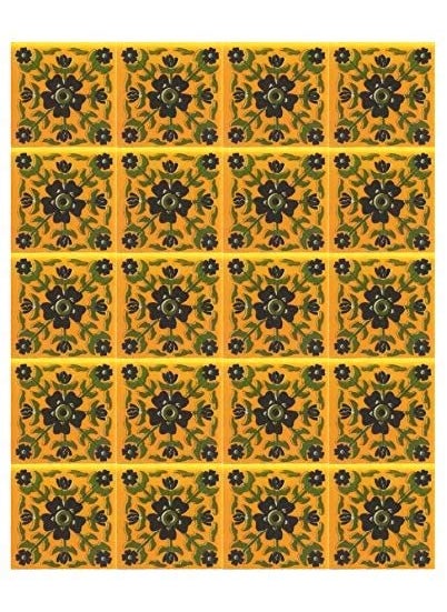 Shiv Kripa Blue Pottery Shiv KRIPA Blue Art Pottery Ceramic Tile Traditional Decorative Home Wall Border Backsplash Floral Seamless Pattern Stickers Glazed Mural Panel 2 x 2 Inch Yellow and Black Pack of 20 
