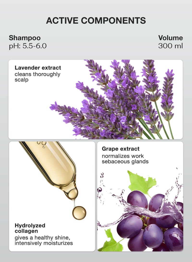 تاش شامبو فلاريو فوليوم. يعيد كثافة الشعر ويمنح حجماً من الجذور، يزيد من سماكة الشعر ويصلح التالف منه، ويعزز اللمعان الطبيعي. شامبو طبيعي (300 مل) - Image 2