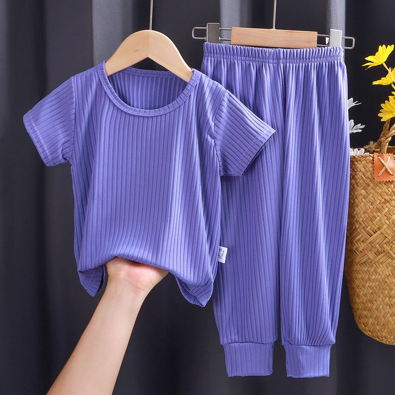 بدلة نوم صيفية للأطفال 2024 غير محددة الجنس مجموعة بيجامة عادية باللون الأرجواني ملابس منزلية باللون الأرجواني