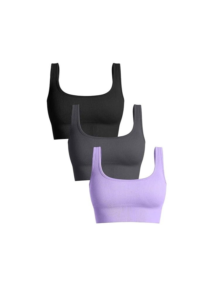 Women's 3 Piece Medium Support Tank Top Ribbed Seamless Removable Cups Workout Exercise Sport Bra