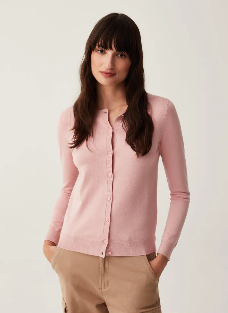 او في اس Solid colour cardigan with round neck